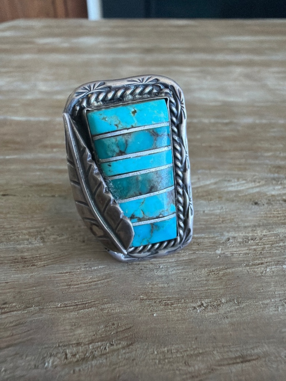 Vintage Turquoise Channel Inlay Sterling Silver Split Shank Statement Ring